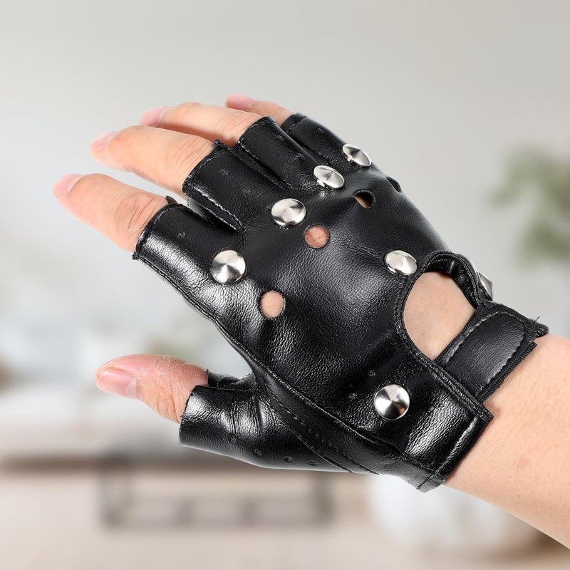 Styquenzer Black Leather Motorcycle Gloves, Gothic Fingerless Gloves Men Women, Fingerless Dancing Mittens Steampunk Retro Punk Biker Glove for Men Women Adults - Image 5